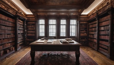 day,indoors,book,no humans,window,chair,table,sunlight,scenery,desk,light rays,wooden floor,paper,bookshelf,book stack,library,carpet,rug