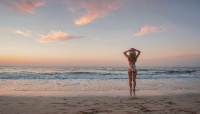 1girl, solo, long hair, swimsuit, ass, bikini, outdoors, sky, barefoot, cloud, dark skin, water, from behind, dark-skinned female, ocean, beach, scenery, sunset, sand, horizon, footprints