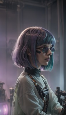 1girl,solo,looking at viewer,short hair,bangs,long sleeves,holding,brown eyes,closed mouth,blue hair,yellow eyes,upper body,weapon,purple hair,multicolored hair,glasses,artist name,indoors,blurry,from side,two-tone hair,sweater,lips,gun,depth of field,blurry background,turtleneck,sunglasses,bob cut,science fiction,realistic,nose,round eyewear,camera,strap,tinted eyewear,cyborg,cyberpunk,looking over eyewear,blue eyes,shirt,black hair,blunt bangs,eyelashes,makeup,aviator sunglasses