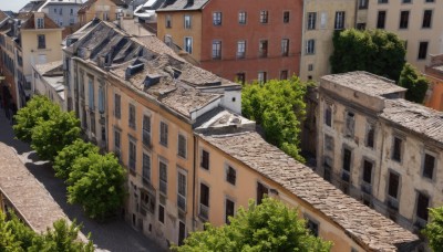 outdoors,sky,day,tree,no humans,window,plant,building,scenery,stairs,city,door,road,bush,house,street,balcony,artist name,shadow,watermark