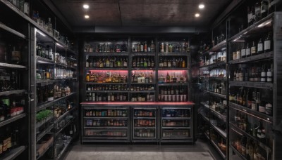 indoors,cup,no humans,bottle,scenery,alcohol,drinking glass,stairs,light,stool,shelf,wine bottle,ceiling,bar (place),counter,ceiling light,food,box,can,clock,tiles,lamp,tile floor,jar,shop,loaded interior