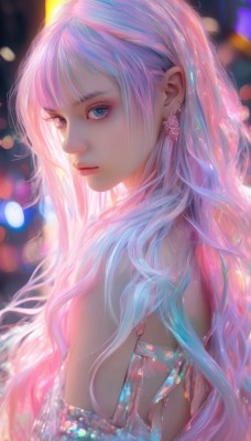 1girl,solo,long hair,looking at viewer,bangs,blue eyes,dress,bare shoulders,jewelry,closed mouth,blue hair,upper body,pink hair,multicolored hair,earrings,looking back,blurry,from side,lips,eyelashes,makeup,depth of field,blurry background,backlighting,nose,bokeh,artist name,blunt bangs,from behind,gradient hair,heterochromia,watermark,wavy hair,gem,realistic