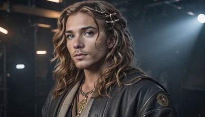 solo,long hair,brown hair,hair ornament,1boy,brown eyes,jewelry,closed mouth,jacket,upper body,male focus,indoors,necklace,blurry,lips,black jacket,looking to the side,grey eyes,blurry background,facial hair,beard,realistic,nose,stubble,leather,animification,leather jacket,looking at viewer,blue eyes,portrait,forehead,light,gold chain,ceiling light