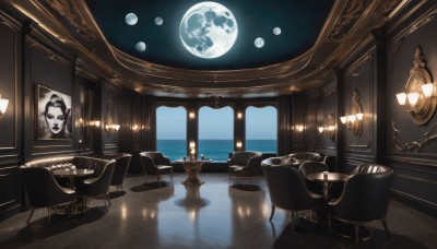 1girl,solo,sky,indoors,water,no humans,window,makeup,night,ocean,chair,moon,table,instrument,star (sky),scenery,full moon,reflection,mirror,horizon,lamp,candle,planet,earth (planet),painting (object),piano,black lips,chandelier,grand piano,food,cup,book,night sky,plate,starry sky,wooden floor,moonlight,carpet,candlestand