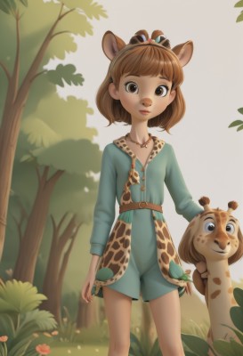 1girl,solo,looking at viewer,short hair,bangs,blue eyes,brown hair,shirt,long sleeves,dress,animal ears,brown eyes,jewelry,closed mouth,standing,flower,outdoors,shorts,day,belt,necklace,flat chest,tree,lips,animal,grass,blue shirt,child,nature,furry,forest,furry female,smile,hairband,artist name,crown,extra ears