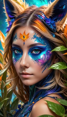 1girl,solo,long hair,looking at viewer,blue eyes,blonde hair,brown hair,hair ornament,animal ears,bare shoulders,jewelry,closed mouth,green eyes,flower,earrings,artist name,hair flower,from side,aqua eyes,lips,animal ear fluff,fox ears,eyelashes,makeup,leaf,watermark,facial mark,piercing,thick eyebrows,plant,lipstick,gem,portrait,close-up,eyeshadow,freckles,pink lips,nose,fantasy,eyeliner,facepaint,mascara,bug,realistic