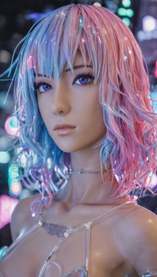 1girl,solo,breasts,looking at viewer,short hair,bangs,blue eyes,cleavage,bare shoulders,jewelry,medium breasts,blue hair,collarbone,upper body,pink hair,multicolored hair,parted lips,choker,medium hair,necklace,blurry,two-tone hair,lips,eyelashes,gradient hair,depth of field,blurry background,halterneck,portrait,pink lips,realistic,nose,large breasts,swimsuit,bikini,teeth,artist name,signature,see-through,night,watermark,wavy hair,water drop,bokeh