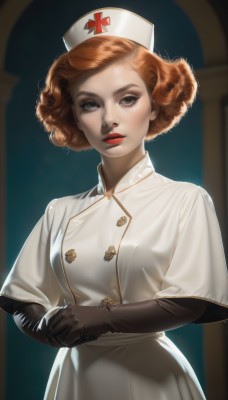 1girl,solo,breasts,looking at viewer,short hair,brown hair,gloves,hat,dress,brown eyes,jewelry,closed mouth,upper body,earrings,black gloves,elbow gloves,white dress,orange hair,blurry,lips,grey eyes,eyelashes,makeup,buttons,blurry background,cross,lipstick,curly hair,realistic,nurse cap,red lips,nurse,leather gloves,latex gloves,own hands together