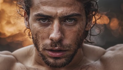 solo,looking at viewer,short hair,black hair,1boy,brown eyes,closed mouth,male focus,blurry,lips,muscular,facial hair,thick eyebrows,muscular male,portrait,beard,close-up,mature male,realistic,mustache,manly,chest hair,smile,brown hair,blurry background,scar,messy hair