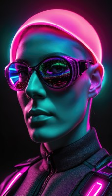 solo,looking at viewer,1boy,closed mouth,jacket,upper body,male focus,glasses,lips,gradient,gradient background,bodysuit,glowing,colored skin,sunglasses,black background,portrait,science fiction,realistic,nose,bald,cyberpunk,simple background,parted lips,zipper