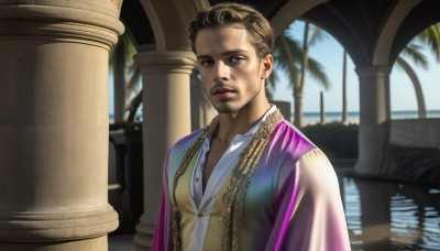 HQ,solo,looking at viewer,short hair,brown hair,shirt,1boy,brown eyes,jewelry,closed mouth,white shirt,upper body,male focus,outdoors,sky,day,collared shirt,water,blurry,vest,tree,lips,blurry background,facial hair,beard,reflection,realistic,palm tree,pillar,statue,arch,column,blue eyes,blonde hair,sunlight,robe,mustache,animification