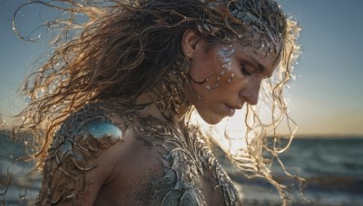 1girl,solo,long hair,blue eyes,brown hair,black hair,jewelry,closed mouth,closed eyes,upper body,earrings,outdoors,parted lips,sky,day,dark skin,water,mole,blurry,from side,dark-skinned female,lips,profile,makeup,floating hair,depth of field,blurry background,ocean,wavy hair,half-closed eyes,portrait,eyeshadow,backlighting,freckles,curly hair,realistic,nose,fantasy,breasts,blonde hair,medium breasts,armor,blue sky,eyelashes,beach,looking down,shoulder armor,horizon