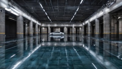 indoors,no humans,window,ground vehicle,scenery,science fiction,light rays,tiles,light,tile floor,ceiling,hallway,ceiling light,motor vehicle,car,vehicle focus,train station,sports car