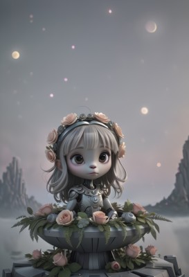 1girl,solo,long hair,looking at viewer,bangs,hair ornament,brown eyes,closed mouth,standing,flower,grey hair,hairband,outdoors,sky,artist name,hair flower,blunt bangs,medium hair,chibi,blurry,black eyes,grey eyes,night,blurry background,rose,moon,star (sky),pink flower,crescent moon,pink rose,ahoge,white hair,parted lips,cup,plant,robot,teacup,joints