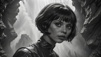 1girl,solo,looking at viewer,short hair,bangs,jewelry,monochrome,upper body,greyscale,earrings,parted lips,teeth,lips,eyelashes,bob cut,portrait,freckles,realistic,nose,dragon,outdoors,signature,mole,mole under eye,sunlight