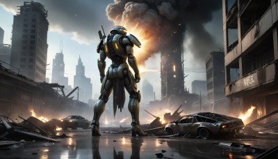 HQ,standing,weapon,outdoors,sky,cloud,from behind,armor,gun,no humans,helmet,fire,robot,ground vehicle,building,mecha,motor vehicle,rifle,smoke,reflection,science fiction,city,realistic,military vehicle,car,cityscape,explosion,ruins,damaged,skyscraper,power armor,burning,destruction,truck,water,cloudy sky,firing