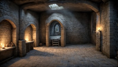 HQ,indoors,no humans,window,sunlight,fire,scenery,smoke,stairs,door,candle,wall,brick wall,church,arch,barrel,candlestand,stone floor,stone wall,fireplace,brick,chair,table,wooden floor,fantasy,light,pillar,column,brick floor