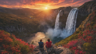 brown hair, sitting, flower, outdoors, multiple boys, sky, cloud, 2boys, water, nature, scenery, sunset, rock, mountain, sun, field, waterfall, landscape