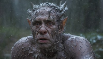 solo,looking at viewer,blue eyes,1boy,upper body,male focus,horns,pointy ears,armor,blurry,lips,wet,grey eyes,blurry background,facial hair,portrait,rain,realistic,wet hair,short hair,closed mouth,grey hair,scar,elf,beard,scar on face,snow,snowing