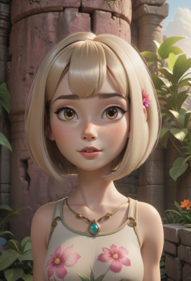 1girl,solo,breasts,looking at viewer,blush,smile,short hair,bangs,blonde hair,shirt,hair ornament,bare shoulders,brown eyes,jewelry,medium breasts,collarbone,yellow eyes,upper body,flower,outdoors,parted lips,sky,sleeveless,day,artist name,cloud,hair flower,necklace,blue sky,lips,eyelashes,sleeveless shirt,makeup,leaf,floral print,bob cut,thick eyebrows,plant,lipstick,gem,pink flower,pendant,freckles,pink lips,nose,red lips,wall,vines,brick wall,orange flower,mascara,ivy,teeth,pillar