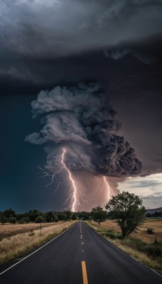 outdoors,sky,cloud,tree,no humans,cloudy sky,grass,nature,scenery,mountain,electricity,road,power lines,lightning,night,forest,bush,landscape,path