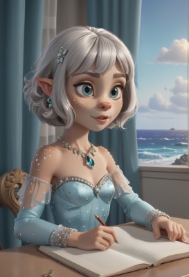 1girl,solo,breasts,smile,short hair,bangs,blue eyes,hair ornament,long sleeves,dress,holding,bare shoulders,jewelry,sitting,collarbone,upper body,white hair,grey hair,earrings,small breasts,parted lips,detached sleeves,sky,teeth,day,pointy ears,artist name,cloud,indoors,water,necklace,blue sky,lips,book,eyelashes,window,strapless,makeup,blue dress,ocean,chair,beach,table,thick eyebrows,curtains,elf,gem,desk,pendant,freckles,open book,nose,pen,pencil,pearl necklace,drawing,holding pen,mascara,writing,cleavage,nail polish,mole,bracelet,watermark,strapless dress,web address,body freckles