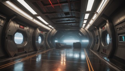 indoors,water,no humans,window,scenery,reflection,science fiction,seat,realistic,light,cable,space,ripples,spacecraft,reflective floor