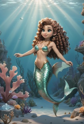 1girl,solo,long hair,breasts,smile,blue eyes,brown hair,navel,bare shoulders,jewelry,medium breasts,collarbone,swimsuit,full body,bikini,earrings,small breasts,artist name,signature,dark skin,water,stomach,aqua eyes,dark-skinned female,lips,ocean,watermark,sunlight,monster girl,bikini top only,fish,bubble,curly hair,light rays,rock,underwater,scales,air bubble,mermaid,sunbeam,shell,starfish,seashell,turtle,coral,shell bikini,seaweed,clownfish,necklace,makeup