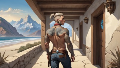 solo,short hair,gloves,1boy,jewelry,standing,ponytail,ass,white hair,male focus,earrings,outdoors,sky,day,belt,looking back,pants,cloud,dark skin,fingerless gloves,water,from behind,blue sky,tattoo,muscular,facial hair,ocean,back,beach,piercing,dark-skinned male,denim,muscular male,ear piercing,bara,beard,short ponytail,topless male,jeans,butt crack,mountain,mature male,sand,door,blue pants,arm tattoo,shoulder tattoo,mountainous horizon,desert,back tattoo,1girl,open mouth,closed eyes,grey hair,cowboy shot,collar,tree,scenery,brown gloves,lantern,nose,hair tie,bare back,red collar,cliff