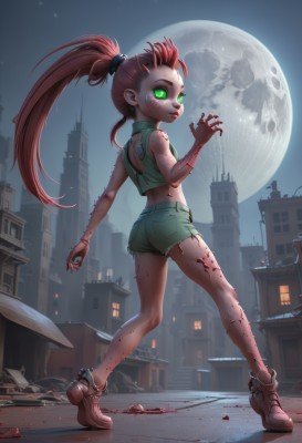 1girl,solo,long hair,looking at viewer,shirt,very long hair,green eyes,standing,full body,ponytail,ass,red hair,boots,outdoors,sky,shoes,shorts,sleeveless,tongue,midriff,looking back,tongue out,from behind,vest,lips,crop top,short shorts,blood,night,glowing,moon,scrunchie,denim,building,night sky,glowing eyes,full moon,denim shorts,blood on face,city,kneepits,blood on clothes,cutoffs,green shorts,zombie,blood splatter,blood on hands,pink hair,torn clothes,tattoo,tank top,sneakers