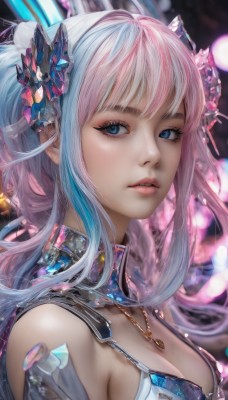 1girl,solo,long hair,breasts,looking at viewer,bangs,blue eyes,large breasts,hair ornament,cleavage,bare shoulders,twintails,jewelry,medium breasts,blue hair,upper body,pink hair,white hair,sidelocks,multicolored hair,parted lips,necklace,blurry,two-tone hair,lips,eyelashes,makeup,blurry background,realistic,nose,swimsuit,bikini,from side,streaked hair,gradient hair,gem,portrait,eyeshadow,crystal