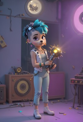 1girl,solo,looking at viewer,smile,short hair,1boy,holding,animal ears,jewelry,blue hair,standing,full body,male focus,multicolored hair,earrings,green hair,shoes,sleeveless,pants,necklace,black eyes,vest,bracelet,two-tone hair,torn clothes,piercing,white footwear,denim,sneakers,instrument,ear piercing,child,furry,goggles on head,jeans,very short hair,torn pants,speaker,mohawk,torn jeans,shirt,navel,purple eyes,robot,goggles,asymmetrical hair,cable,undercut,dirty,broken,open vest