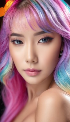 1girl,solo,long hair,breasts,looking at viewer,bangs,blue eyes,hair ornament,cleavage,bare shoulders,jewelry,medium breasts,closed mouth,blue hair,upper body,pink hair,purple hair,flower,multicolored hair,earrings,hair flower,black eyes,two-tone hair,lips,eyelashes,gradient hair,makeup,lipstick,portrait,close-up,eyeshadow,pink lips,realistic,nose,eyeliner,mascara,rainbow hair,artist name,blurry,looking to the side,black background