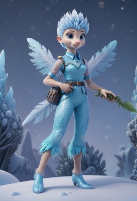 1girl,solo,breasts,looking at viewer,smile,short hair,blue eyes,holding,jewelry,closed mouth,blue hair,standing,full body,short sleeves,small breasts,boots,outdoors,wings,belt,bag,high heels,bracelet,bodysuit,blue shirt,monster girl,feathered wings,snow,ice,blue footwear,pouch,snowing,fairy,winter,belt pouch,1boy,braid,male focus,pointy ears,artist name,leaf,feathers,fairy wings,male child