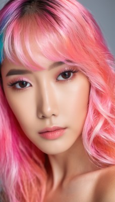 1girl,solo,long hair,looking at viewer,bangs,simple background,brown eyes,closed mouth,collarbone,pink hair,multicolored hair,grey background,lips,eyelashes,makeup,lipstick,portrait,close-up,eyeshadow,realistic,nose,eyeliner,blurry