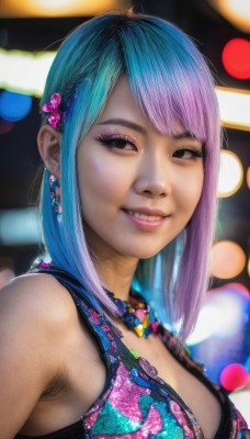 1girl,solo,long hair,breasts,looking at viewer,smile,bangs,hair ornament,cleavage,jewelry,medium breasts,blue hair,upper body,pink hair,purple hair,multicolored hair,earrings,teeth,necklace,bra,grin,blurry,black eyes,two-tone hair,lips,eyelashes,aqua hair,gradient hair,makeup,blurry background,lipstick,eyeshadow,realistic,nose,eyeliner,mascara,bare shoulders,bikini,parted lips,sleeveless,vest