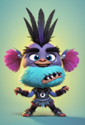 solo,looking at viewer,open mouth,blue eyes,simple background,black hair,hair ornament,gloves,1boy,standing,full body,male focus,teeth,fang,artist name,fingerless gloves,chibi,gradient,gradient background,no humans,fangs,feathers,claws,furry,green background,feather hair ornament,blue feathers,smile,cosplay,colored skin,bird,blue skin,fusion,tusks,tribal