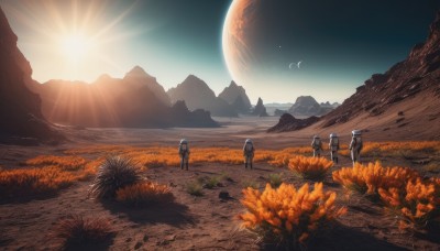 standing,flower,outdoors,multiple boys,sky,pants,from behind,moon,grass,scenery,walking,6+boys,mountain,sun,field,crescent moon,multiple others,ambiguous gender,desert,multiple girls,bag,night,sunlight,backpack,star (sky),planet,landscape,sunrise,astronaut