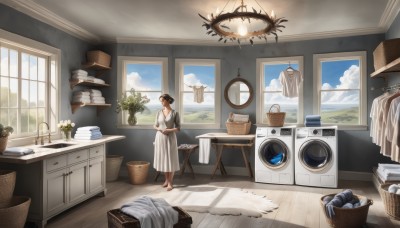 1girl,solo,short hair,brown hair,black hair,dress,standing,flower,short sleeves,sky,barefoot,day,cloud,indoors,white dress,tree,blue sky,book,window,chair,table,plant,curtains,scenery,wooden floor,mirror,basket,potted plant,lamp,slippers,wide shot,frying pan,drawer,rug,cabinet,laundry,shirt,hat,holding,jewelry,clock,book stack,vase,picture frame,painting (object),washing machine