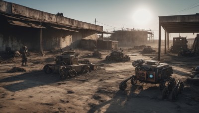 1boy,weapon,outdoors,multiple boys,sky,day,gun,military,military uniform,helmet,robot,ground vehicle,scenery,motor vehicle,science fiction,realistic,sun,military vehicle,car,ruins,tank,vehicle focus,power lines,machine gun,soldier,desert,dust,truck,tire,no humans,sunlight,building,rifle,sand,road