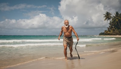 solo,smile,open mouth,1boy,navel,holding,standing,full body,male focus,outdoors,sky,barefoot,day,cloud,water,tree,blue sky,muscular,facial hair,ocean,beach,sunglasses,cloudy sky,muscular male,beard,walking,topless male,realistic,mustache,sand,palm tree,bald,old,old man,white hair,pectorals,scenery,cane