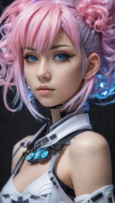 1girl,solo,breasts,looking at viewer,short hair,bangs,blue eyes,hair ornament,cleavage,bare shoulders,twintails,jewelry,medium breasts,closed mouth,blue hair,upper body,pink hair,flower,multicolored hair,earrings,small breasts,detached sleeves,hair flower,two-tone hair,lips,eyelashes,makeup,realistic,nose,simple background,hair bun,double bun,black background,portrait,close-up