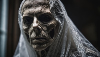 solo,looking at viewer,1boy,closed mouth,male focus,blurry,black eyes,blurry background,facial hair,portrait,veil,beard,realistic,bridal veil,old,old man,signature,skull,horror (theme)