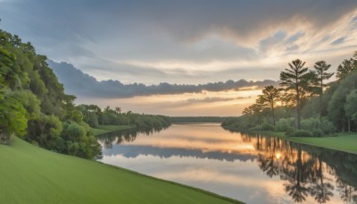 outdoors,sky,day,cloud,water,tree,no humans,cloudy sky,grass,nature,scenery,forest,reflection,sunset,mountain,river,landscape,lake,reflective water,blue sky,horizon,mountainous horizon