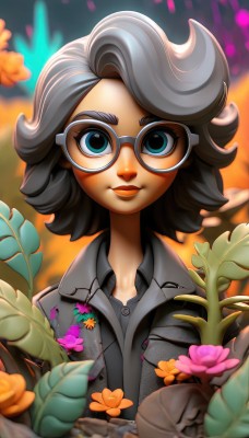 1girl,solo,looking at viewer,smile,short hair,bangs,blue eyes,shirt,black hair,closed mouth,jacket,upper body,flower,grey hair,glasses,collared shirt,artist name,medium hair,blurry,lips,eyelashes,makeup,depth of field,blurry background,leaf,thick eyebrows,plant,grey shirt,pink flower,black-framed eyewear,grey jacket,round eyewear,aqua eyes,lipstick