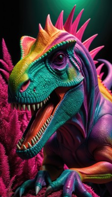 solo,open mouth,red eyes,tail,teeth,tongue,tongue out,no humans,colored skin,fangs,sharp teeth,claws,monster,realistic,scales,dinosaur,looking at viewer,horns,pink eyes,pokemon (creature)