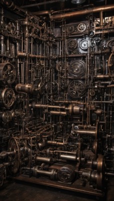 no humans,ground vehicle,scenery,clock,gears,brown theme,industrial pipe,steampunk,machine,indoors,machinery,science fiction,wooden floor