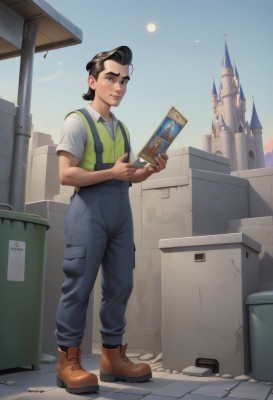 solo,looking at viewer,smile,short hair,blue eyes,shirt,black hair,1boy,holding,standing,full body,white shirt,short sleeves,male focus,boots,outdoors,sky,day,collared shirt,pants,vest,book,brown footwear,moon,suspenders,building,overalls,green vest,castle,money,brown hair,closed mouth,thick eyebrows,aged down,denim,holding book,green shirt,crate