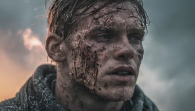 solo,short hair,blue eyes,brown hair,black hair,1boy,male focus,outdoors,parted lips,sky,cloud,scarf,blurry,lips,looking to the side,blurry background,portrait,realistic,dirty,dirty face,teeth,grey eyes,facial hair,looking away,close-up,stubble,looking afar