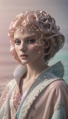 1girl,solo,looking at viewer,short hair,brown hair,jewelry,upper body,parted lips,artist name,necklace,blurry,lips,see-through,grey eyes,eyelashes,blurry background,gem,freckles,curly hair,circlet,realistic,nose,hair ornament,collarbone,watermark,web address,forehead jewel